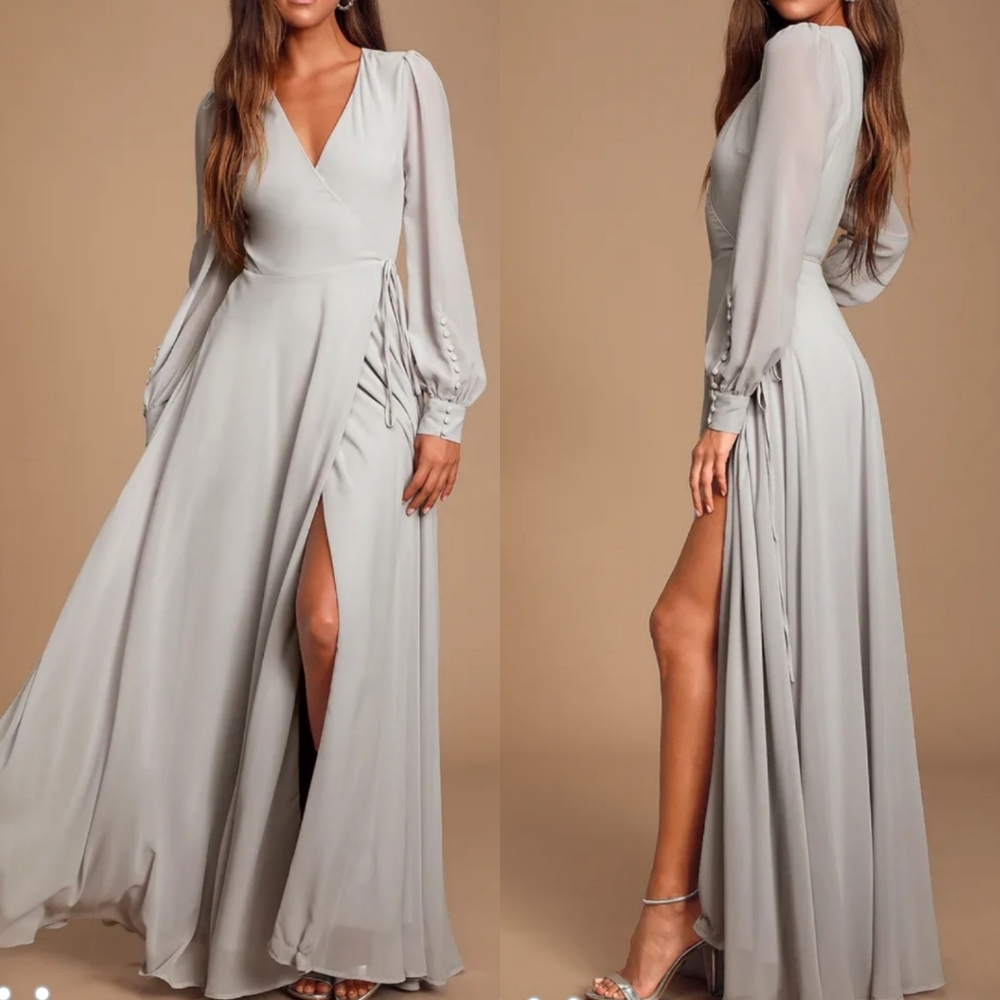 LULU'S My Whole Heart Long Sleeve Wrap Maxi Dress Lt. Grey Sz. XS